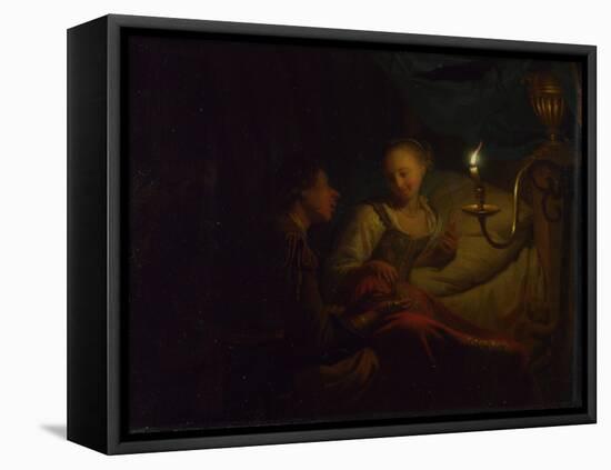 A Candlelight Scene, a Man Offering a Gold Chain and Coins to a Girl Seated on a Bed, Ca. 1665-1667-Godfried Cornelisz Schalcken-Framed Stretched Canvas