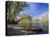 A Canoe rests on the banks of he Connecticut River in Maidstone, Vermont, USA-Jerry & Marcy Monkman-Stretched Canvas