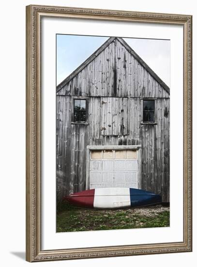 A Canoe Sits In Front Of A Weathered Old Boat House On The Coast Of Maine-Erik Kruthoff-Framed Photographic Print