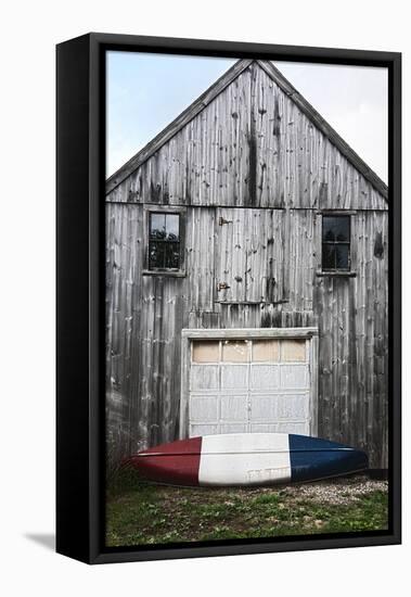 A Canoe Sits In Front Of A Weathered Old Boat House On The Coast Of Maine-Erik Kruthoff-Framed Stretched Canvas