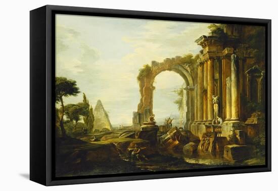 A Capriccio of Classical Ruins with the Pyramid of Cestius and Figures in a Landscape-Giovanni Paolo Panini-Framed Stretched Canvas