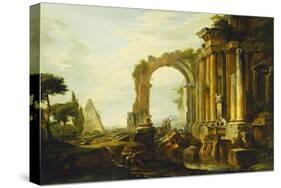 A Capriccio of Classical Ruins with the Pyramid of Cestius and Figures in a Landscape-Giovanni Paolo Panini-Stretched Canvas