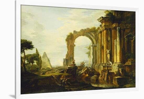 A Capriccio of Classical Ruins with the Pyramid of Cestius and Figures in a Landscape-Giovanni Paolo Panini-Framed Giclee Print