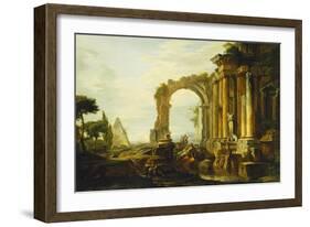 A Capriccio of Classical Ruins with the Pyramid of Cestius and Figures in a Landscape-Giovanni Paolo Panini-Framed Giclee Print