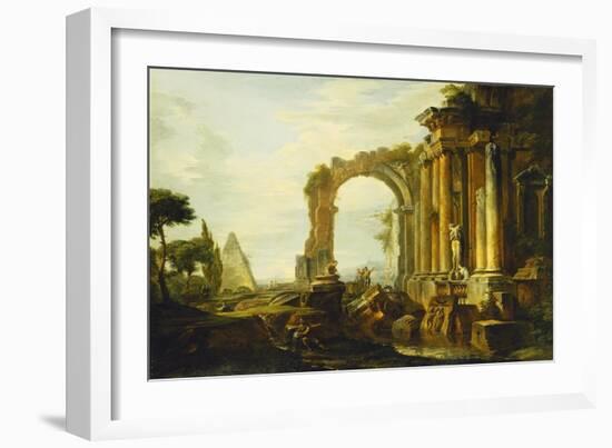 A Capriccio of Classical Ruins with the Pyramid of Cestius and Figures in a Landscape-Giovanni Paolo Panini-Framed Giclee Print