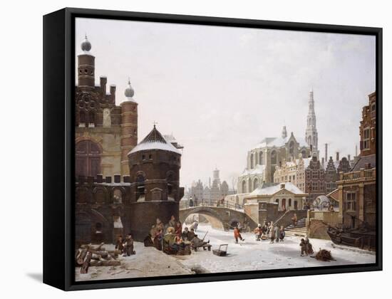 A Capriccio View of a Town with Figures on a Frozen Canal-Jan Hendrik Verheyen-Framed Stretched Canvas