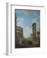 A Capriccio with Figures Among Roman Ruins Including the Arch of Constantine and the Pantheon-Giovanni Paolo Panini-Framed Giclee Print