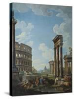 A Capriccio with Figures Among Roman Ruins Including the Arch of Constantine and the Pantheon-Giovanni Paolo Panini-Stretched Canvas