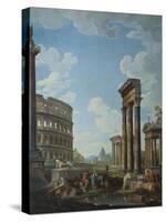 A Capriccio with Figures Among Roman Ruins Including the Arch of Constantine and the Pantheon-Giovanni Paolo Panini-Stretched Canvas