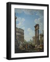 A Capriccio with Figures Among Roman Ruins Including the Arch of Constantine and the Pantheon-Giovanni Paolo Panini-Framed Giclee Print