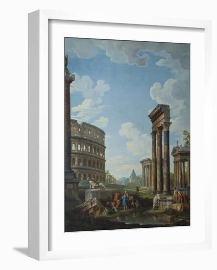 A Capriccio with Figures Among Roman Ruins Including the Arch of Constantine and the Pantheon-Giovanni Paolo Panini-Framed Giclee Print