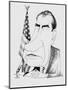 A caricature of President Richard Nixon seated before a microphone in front of an American flag.-Vernon Lewis Gallery-Mounted Art Print