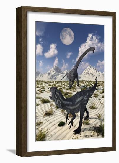 A Carnivorous Allosaurus Confronting a Giant Diplodocus-Stocktrek Images-Framed Art Print