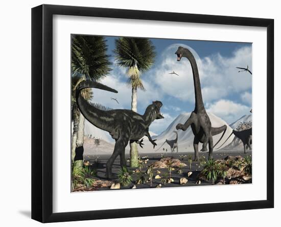 A Carnivorous Allosaurus Confronts a Giant Diplodocus Herbivore During the Jurassic Period on Earth-Stocktrek Images-Framed Photographic Print