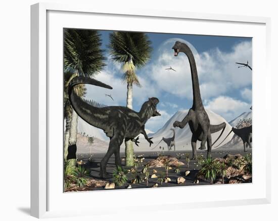 A Carnivorous Allosaurus Confronts a Giant Diplodocus Herbivore During the Jurassic Period on Earth-Stocktrek Images-Framed Photographic Print