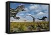 A Carnivorous Allosaurus Stalking a Herd of Diplodocus Dinosaurs-Stocktrek Images-Framed Stretched Canvas