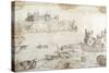 A Castle Surmounting Cliffs, with Studies of Galleons and Fishing Boats-Noel Gasselin-Stretched Canvas