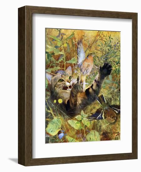 A Cat and a Chaffinch, 1885-Bruno Liljefors-Framed Giclee Print