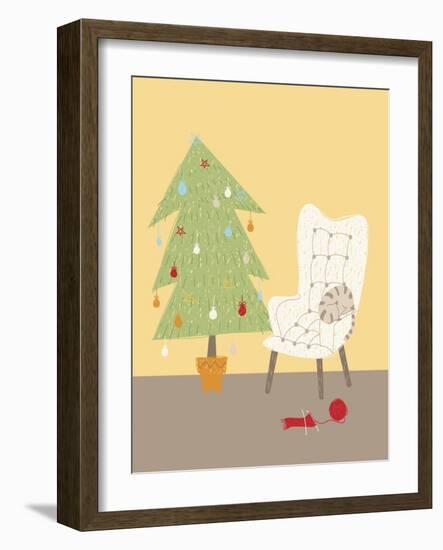 A Cat on a Chair Next to a Christmas Tree-null-Framed Giclee Print