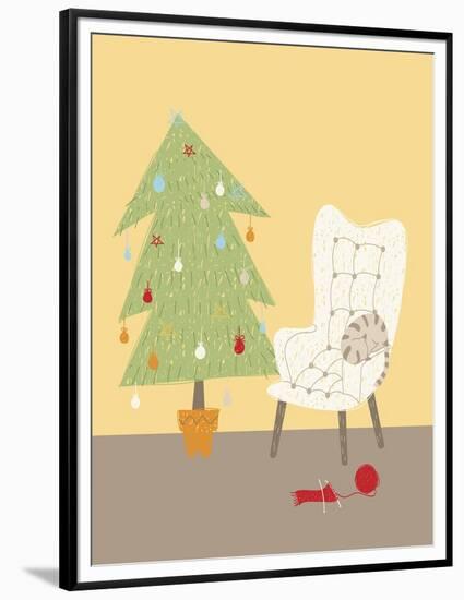 A Cat on a Chair Next to a Christmas Tree-null-Framed Premium Giclee Print