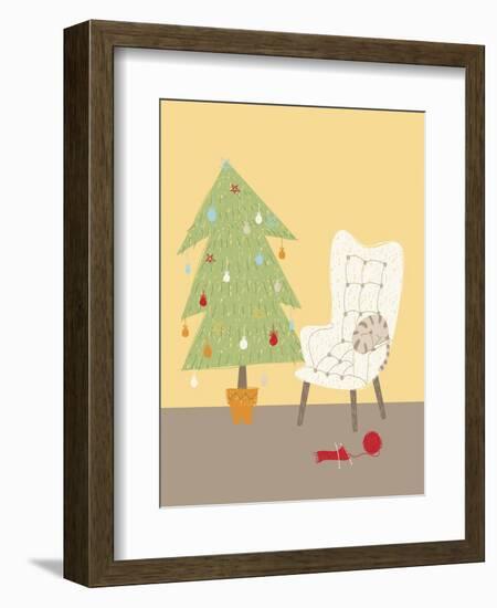 A Cat on a Chair Next to a Christmas Tree-null-Framed Giclee Print