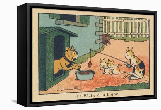 A Cat Plays with Tending Food to the Dog Attached to its Kennel.” Angling” ,1936 (Illustration)-Benjamin Rabier-Framed Stretched Canvas