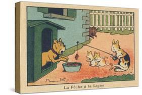 A Cat Plays with Tending Food to the Dog Attached to its Kennel.” Angling” ,1936 (Illustration)-Benjamin Rabier-Stretched Canvas