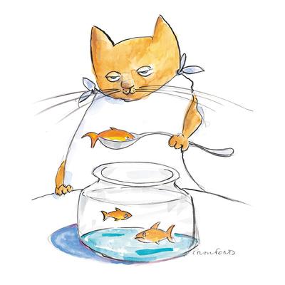 'A cat spoons a goldfish out of a goldfish bowl. - New Yorker Cartoon'  Premium Giclee Print - Michael Crawford 