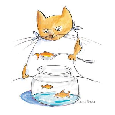 'A cat spoons a goldfish out of a goldfish bowl. - New Yorker Cartoon' Premium Giclee Print - Michael Crawford 'A cat spoons a goldfish out of a goldfish bowl. - New Yorker Cartoon' Premium Giclee Print - Michael Crawford