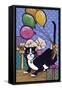 A Cat with 4 Balloons Tied to its Tail Surrounded by Gifts-Jan Panico-Framed Stretched Canvas