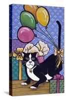 A Cat with 4 Balloons Tied to its Tail Surrounded by Gifts-Jan Panico-Stretched Canvas