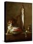 A Cat with a Piece of Salmon, Two Mackerels, Mortar and Pestle, 1728-Jean-Baptiste Simeon Chardin-Stretched Canvas