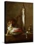 A Cat with a Piece of Salmon, Two Mackerels, Mortar and Pestle, 1728-Jean-Baptiste Simeon Chardin-Stretched Canvas