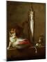 A Cat with a Piece of Salmon, Two Mackerels, Mortar and Pestle, 1728-Jean-Baptiste Simeon Chardin-Mounted Giclee Print