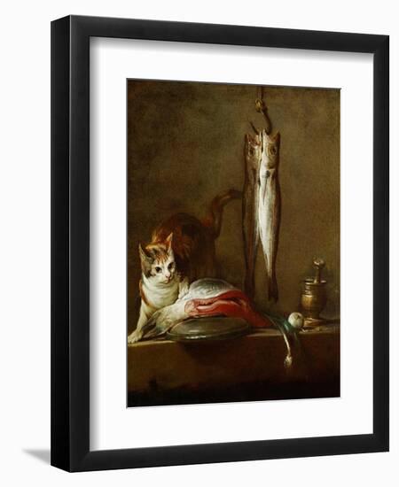 A Cat with a Piece of Salmon, Two Mackerels, Mortar and Pestle, 1728-Jean-Baptiste Simeon Chardin-Framed Giclee Print
