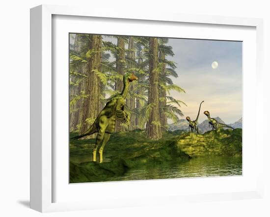A Caudipteryx Watching Dilong Dinosaurs Approaching-Stocktrek Images-Framed Art Print