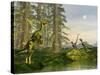 A Caudipteryx Watching Dilong Dinosaurs Approaching-Stocktrek Images-Stretched Canvas