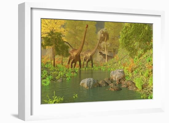 A Ceratosaurus Tries to Sneak Up Behind Two Diplodocus Dinosaurs-Stocktrek Images-Framed Art Print