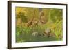 A Ceratosaurus Tries to Sneak Up Behind Two Diplodocus Dinosaurs-Stocktrek Images-Framed Art Print