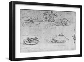 'A Chariot Armed with Scythes, Two Drawings of a Sort of Tank and a Partisan', c1480 (1945)-Leonardo Da Vinci-Framed Giclee Print