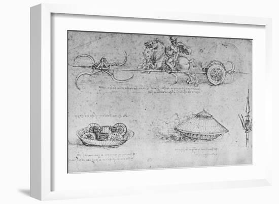 'A Chariot Armed with Scythes, Two Drawings of a Sort of Tank and a Partisan', c1480 (1945)-Leonardo Da Vinci-Framed Giclee Print