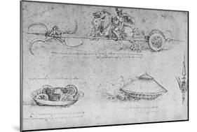 'A Chariot Armed with Scythes, Two Drawings of a Sort of Tank and a Partisan', c1480 (1945)-Leonardo Da Vinci-Mounted Giclee Print