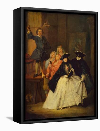 A Charlatan on a platform with Masqued Figures in the foreground-Pietro Longhi-Framed Stretched Canvas