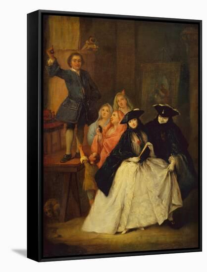 A Charlatan on a platform with Masqued Figures in the foreground-Pietro Longhi-Framed Stretched Canvas