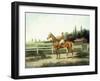 A Chestnut Racehorse with Jockey Up on a Training Track with Stables Beyond-Henry H. Cross-Framed Giclee Print