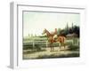 A Chestnut Racehorse with Jockey Up on a Training Track with Stables Beyond-Henry H. Cross-Framed Giclee Print