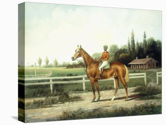 A Chestnut Racehorse with Jockey Up on a Training Track with Stables Beyond-Henry H. Cross-Stretched Canvas