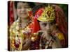A Child Enacts the Life of Hindu God Krishna During Janamashtami Celebrations-null-Stretched Canvas