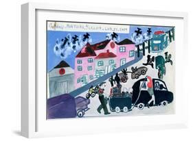 A Child's Depiction of the Exodus from Montoire-Sur-Le-Loir, Loir-Et-Cher, June 1940-null-Framed Giclee Print