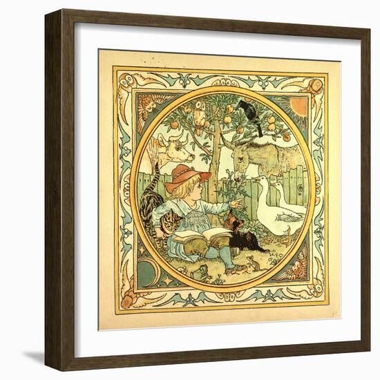 A Child Surrounded by a Cat Donkey Geese a Raven a Mouse a Frog an Owl and a Cow-null-Framed Giclee Print